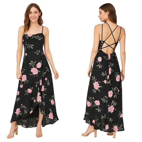 Streetwear Society Black Floral Maxi Dress XL Sleeveless Open Back Hi Lo Hem New - Picture 1 of 16